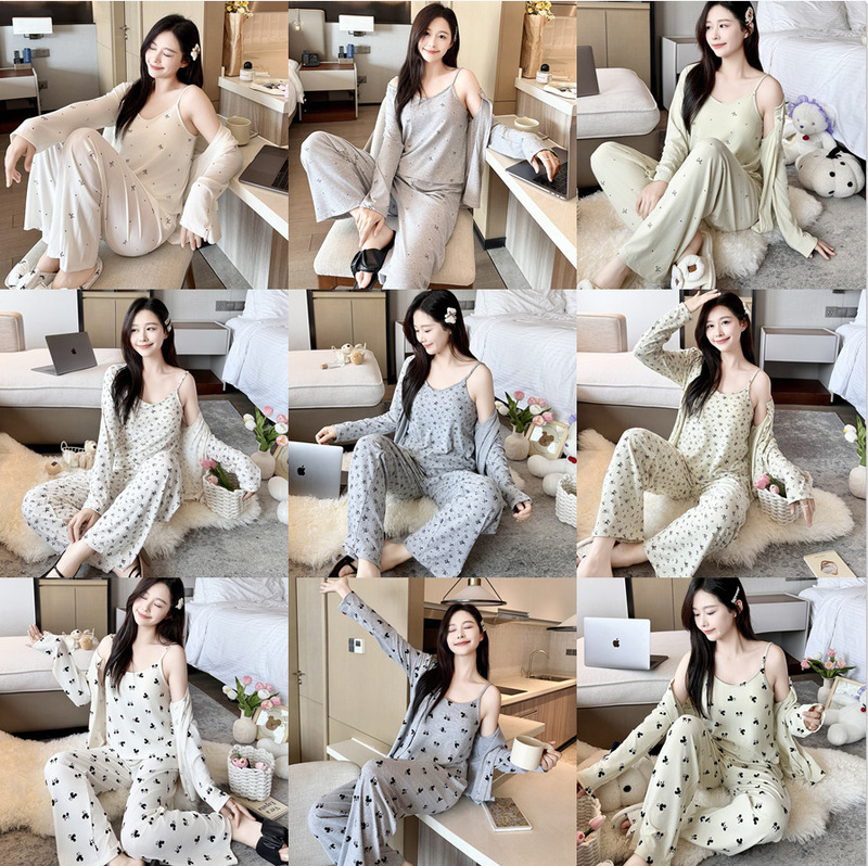 Gp-S Series 6535 Cotton Pajamas for Women in Autumn and Winter with Breast Pads and Suspenders Long-Sleeved Three-Piece Set for Girls Home Wear Sets