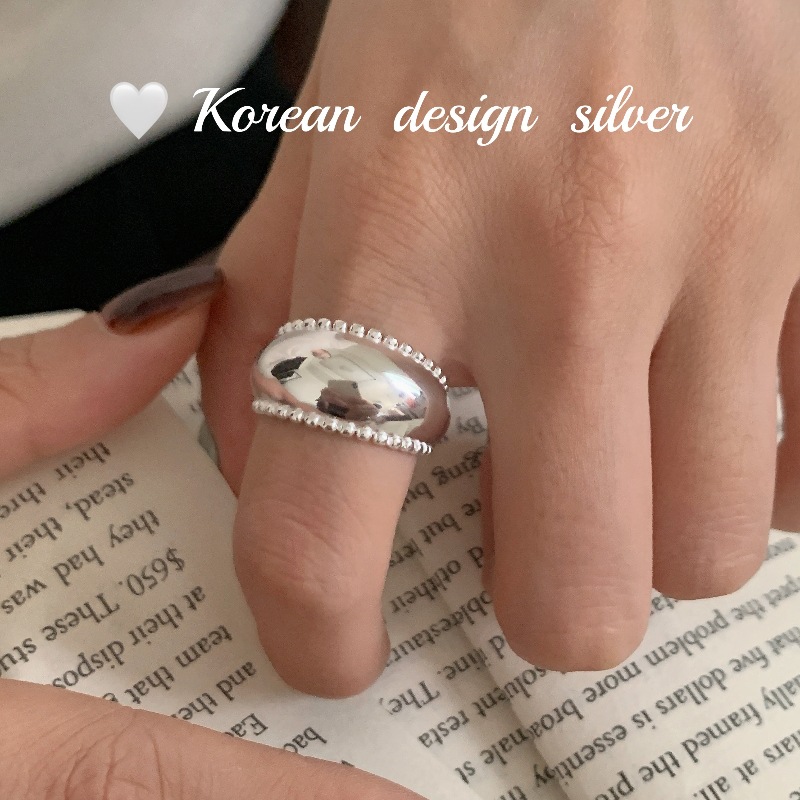 韓國簡約寬版亮銀指環 S925純銀精緻麻花邊邊戒指ins疊戴高級感