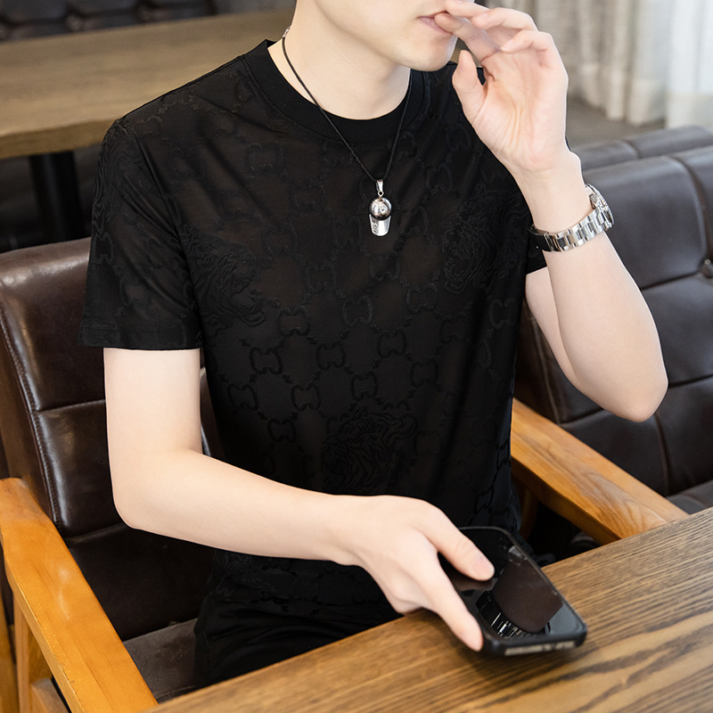 ハイエンドアイスシルクアイスフィール半袖Tシャツメンズ2025新作夏薄手Tシャツトレンディなメンズ半袖トップス|undefined