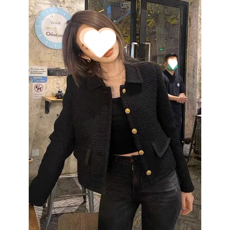 Autumn and Winter Black Retro Chanel-Style Short Jacket for Women 2025 Tweed Petite Streetwear Hong Kong Style Jacket Top