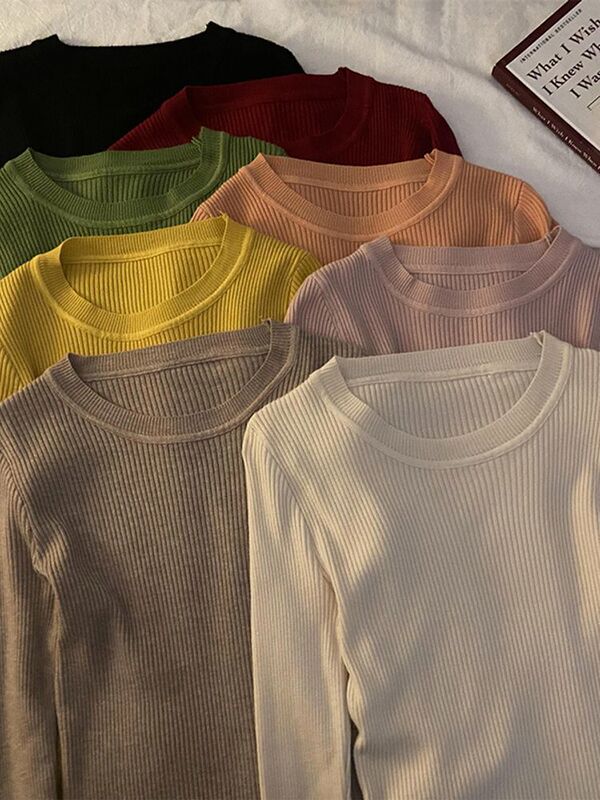 Autumn and Winter 2023 new solid color round neck slim knit sweater outer wear inner wear long sleeve shoulder pullover top for women Autumn and Winter 2023 new solid color round neck slim knit sweater outer wear inner wear long sleeve shoulder pullover top for women