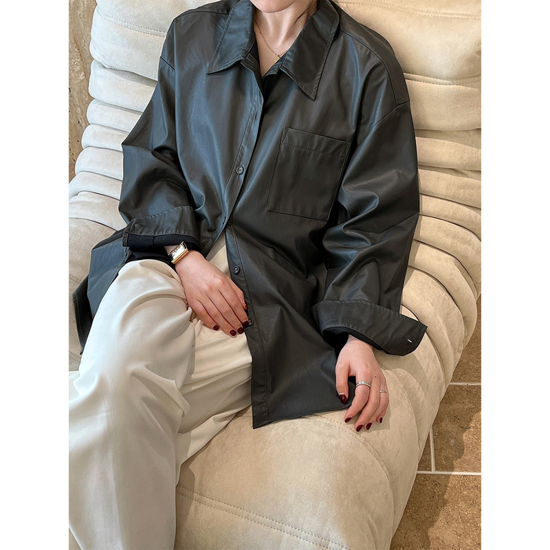 Luxi retro PU leather long-sleeved shirt for women 2024 spring new high-grade casual temperament old money style top 3968
