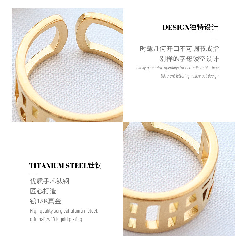 2021 New Open Non-adjustable Letter Hollow Ring Titanium Steel Plated 18k Real Gold Tail Ring display picture 3