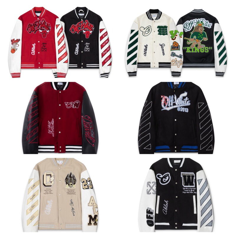 Off White Heavy-Duty Embroidered Leather Patchwork Baseball Jacket Collection