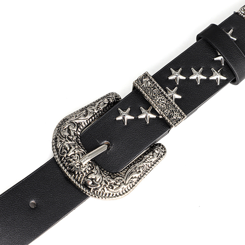 Herren- und Damengürtel Trend Pentagramm Niete Punk-Stil, Vintage geschnitzte Schnalle PU-Ledergürtel, Subkultur Rock Hip-Hop Y2k Gürtel – Detail 10
