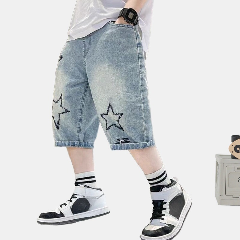 Children's Clothing Boys' Denim Shorts Summer New Medium and Large Kidsren's Thin Cropped Pants Boys' Loose Medium Pants Kidsren's Clothing