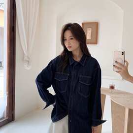 简梦时尚中长款翻领牛仔衬衫2026秋冬季新款韩版休闲外套女94321
