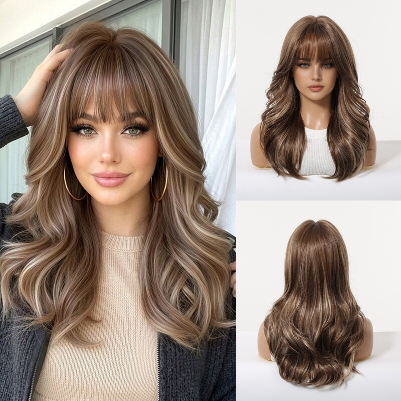 European and American Synthetic Fiber Brown Long Hair Wig Full Head Set with Wavy Bangs, Fluffy and Natural, Versatile, Flattering for the Complexion European and American Synthetic Fiber Brown Long Hair Wig Full Head Set with Wavy Bangs, Fluffy and Natural, Versatile, Flattering for the Complexion