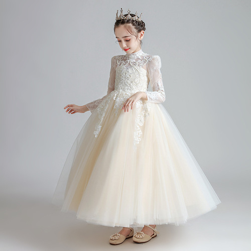 Girls' formal dress 2024 long-sleeved new style puffy lace flower children's wedding dress children's host piano performance performance suit 