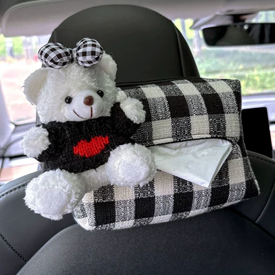 Car Armrest Box Paper Box | Car tissue box/set - black-bow-bear-plaid-paper-tissue-black