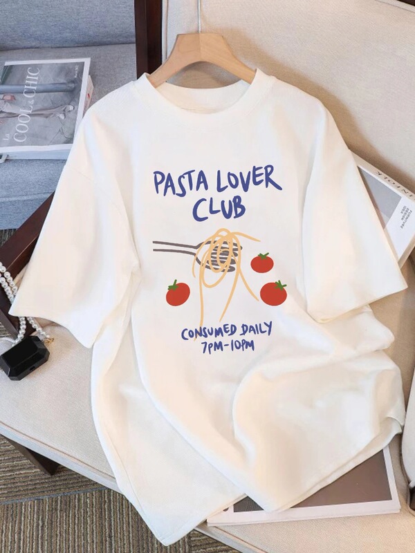Women's T-Shirt Cotton Summer Pasta Lovers Club Daily Wear Printed T-Shirt Loose O-Neck Soft and Comfortable Women's T-Shirt Cotton Summer Pasta Lovers Club Daily Wear Printed T-Shirt Loose O-Neck Soft and Comfortable