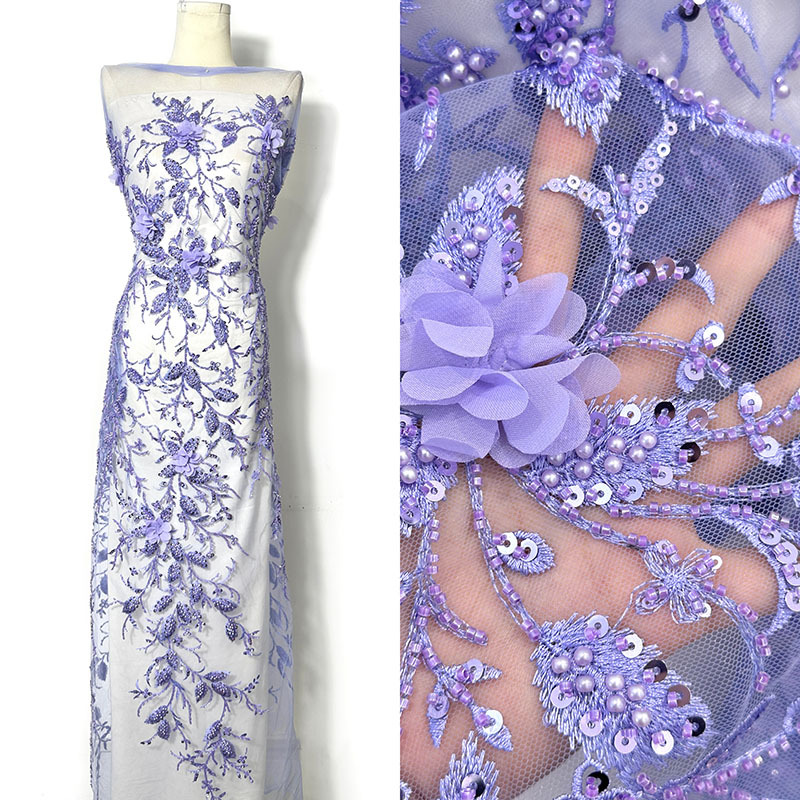 Comercio exterior venta caliente sequinilla bordado tela de tela de cabida falda tubo de perlas bordado tela de malla de bordado tubo de perlas tridimensional tela de moda