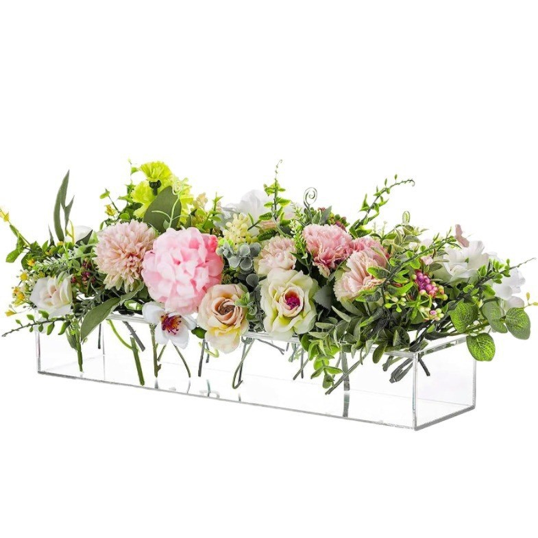 矩形透明亚克力花瓶 亚克力花盒透明矩形盒托盘花瓶带花朵孔