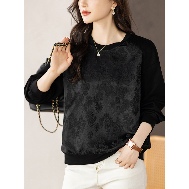 Satin Jacquard Round Neck Sweatshirt for Women 2025 Autumn Loose Lazy Long-Sleeved Pullover Top # 2892