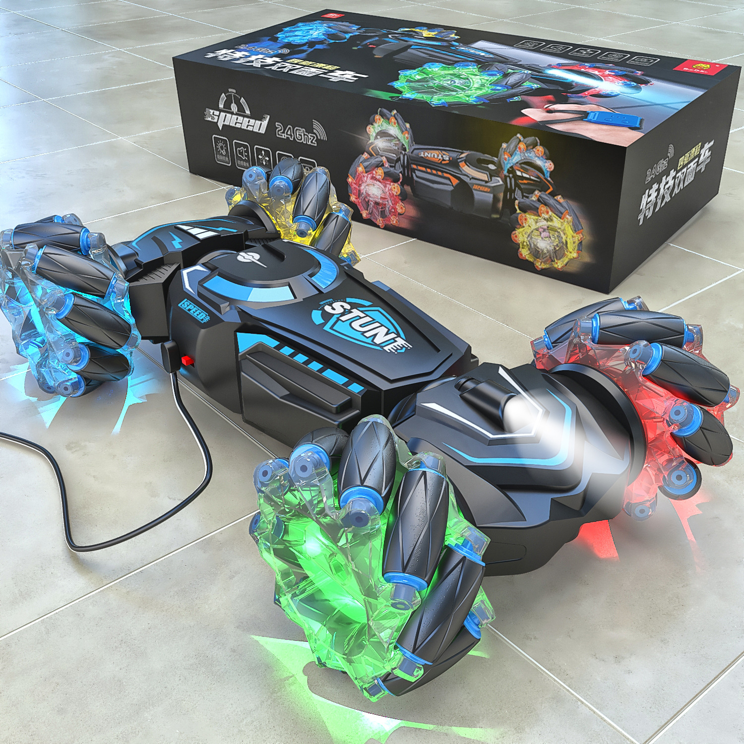 2,4g truco de carga de doble cara coche RC gesto de control remoto coche de carga externa de sonido y la luz se puede cerrar regalo para niños coche de juguete