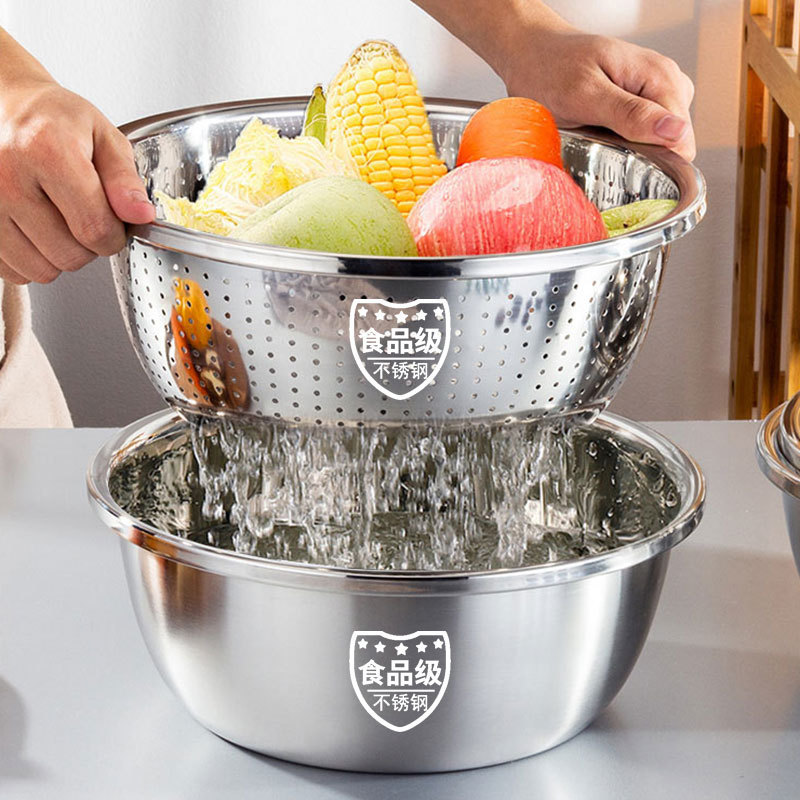 Food Grade Stainless Steel Basin Household Kitchen Egg-beating Basin Draining Basket Non-magnetic Thickened Large Reverse Edge European Style Basin