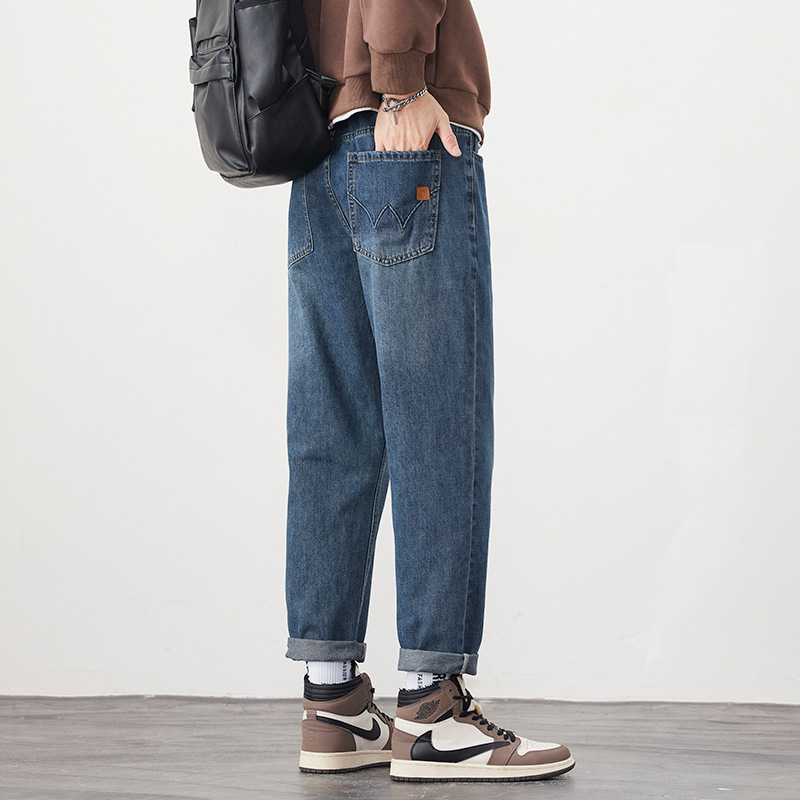 Men's Jeans, Faded Classic Retro Blue Slim Fit Straight-Leg Harem Tapered Men's Jeans, Trendy Brand