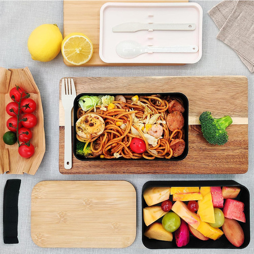 Small Wheat Straw Dual-Layer Bamboo Cover Rice Bowl Plastic Sushi Bento Box Lunch Box Office Workers Can Be Put In Microwave