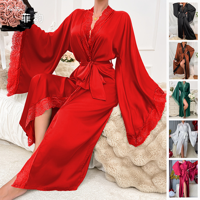 Cross-border New Satin Long Pajamas Women's Lace Light Luxury Long Sleeve Cool Nightgown Bathrobe Home Clothes Women's 336 Cross-border New Satin Long Pajamas Women's Lace Light Luxury Long Sleeve Cool Nightgown Bathrobe Home Clothes Women's 336
