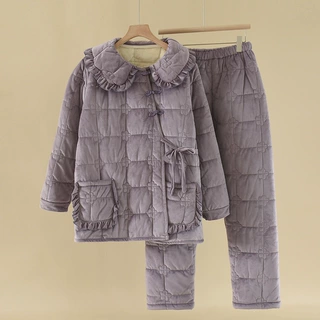 淡紫色中青年加厚加绒睡衣女冬季法兰绒套装珊瑚绒家居服一件代发