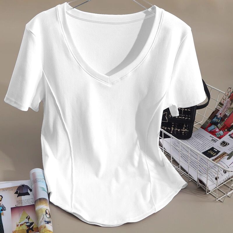 Pure Cotton Short-Sleeved Right-Shoulder T-Shirt, New Summer Design, Slim Fit Short Top with Irregular Curved Hem Pure Cotton Short-Sleeved Right-Shoulder T-Shirt, New Summer Design, Slim Fit Short Top with Irregular Curved Hem