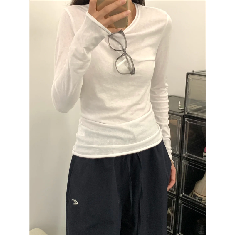 2025春夏慵懒松弛感别致卷边修身长袖防晒上衣女正肩打底罩衫T恤