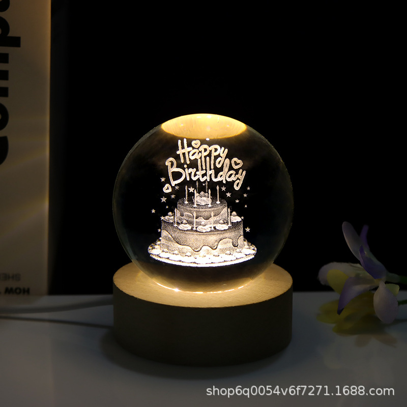 创意3D激光内雕水晶球发光小夜灯生日蛋糕玫瑰超市零售工艺品摆件