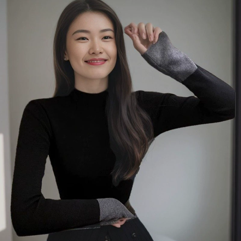 Полувысокий воротник с контрастным цветом трикотажный свитер женский 2024 осень и зима новый кожаный свитер высокого уровня среднего воротника