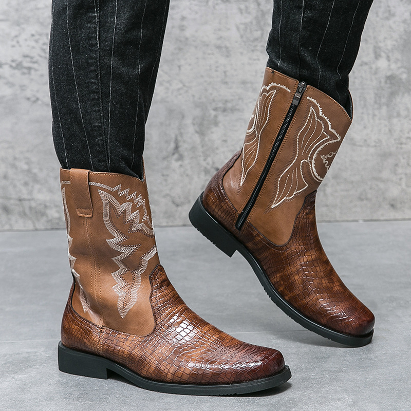 Cross-Border Autumn Zipper Square Toe Leather Boots American Retro Western Cowboy Boots High-Top Leather Shoes Knight Boots Large Size Men's Shoes