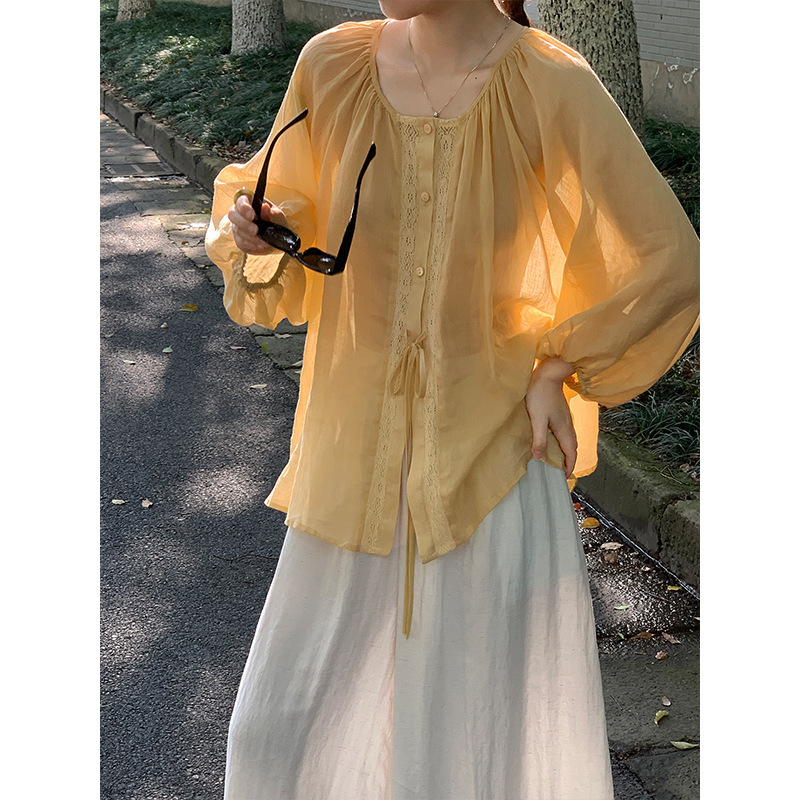 Customized Breathable Sun-Protective Ramie Slightly Sheer Blouse for Women with Lace Splicing Loose Shirt Top 607