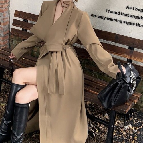 Women's 2025 Spring Casual Loose Fit Slimming High-Grade Black Long Sleeve Trench Coat with Large Collar Open Top