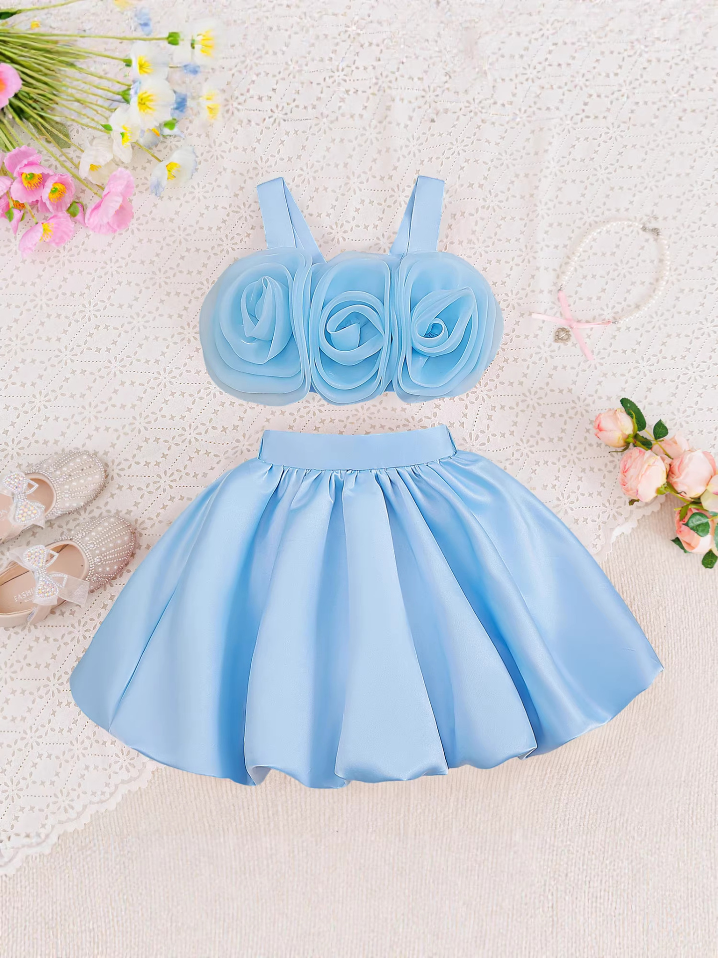 2026 vestidos de niñas dos piezas con flores estereoscópicas floral floreciente vestido de noche de primavera vestido de princesa