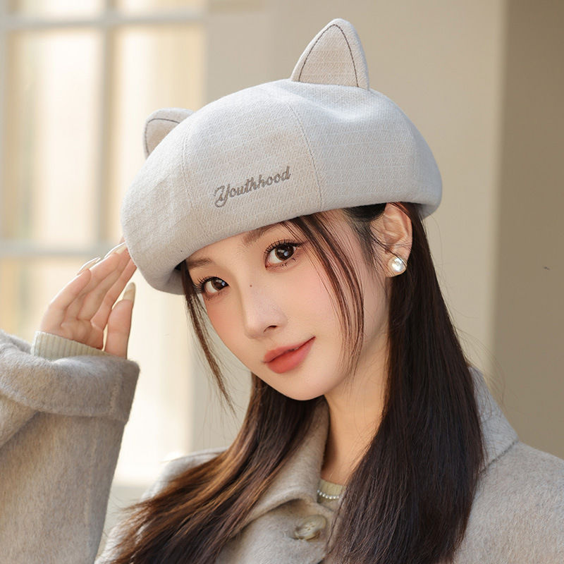 韩系复古可爱猫耳朵贝雷帽春秋新款休闲百搭画家帽防风保暖帽子女|undefined
