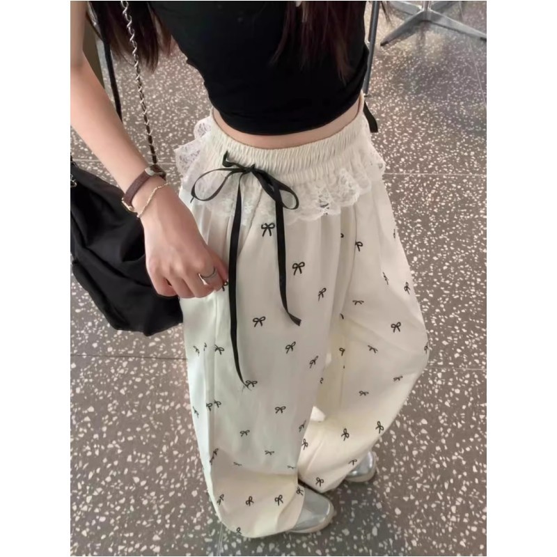 Cross-border Bow Lace Stitching Wide-leg Pants Women's High Waist Loose Slimming Casual All-match Pants Lazy Walking Pants