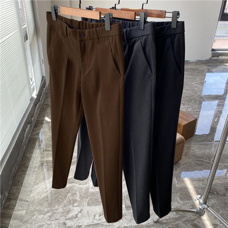 Autumn and Winter Thickened Wool Casual Pants for Men, Elastic Waist, Slim Fit, High-End Solid Color Suit Pants, Brushed Nine-Point Straight Pants
