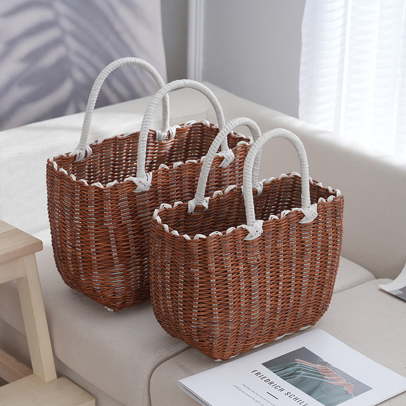 Imitation rattan woven ladies handbag bag brown picnic basket plastic egg storage basket vegetable basket factory wholesale