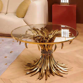 意式轻奢玻璃餐桌现代艺术创意设计师客厅家用不锈钢稻穗圆形饭桌