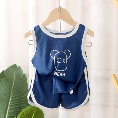 Children's Summer Quick-Dry V-Neck Suit Set Ice Silk Clothing Boy Girl Two-Piece Set Factory Wholesale