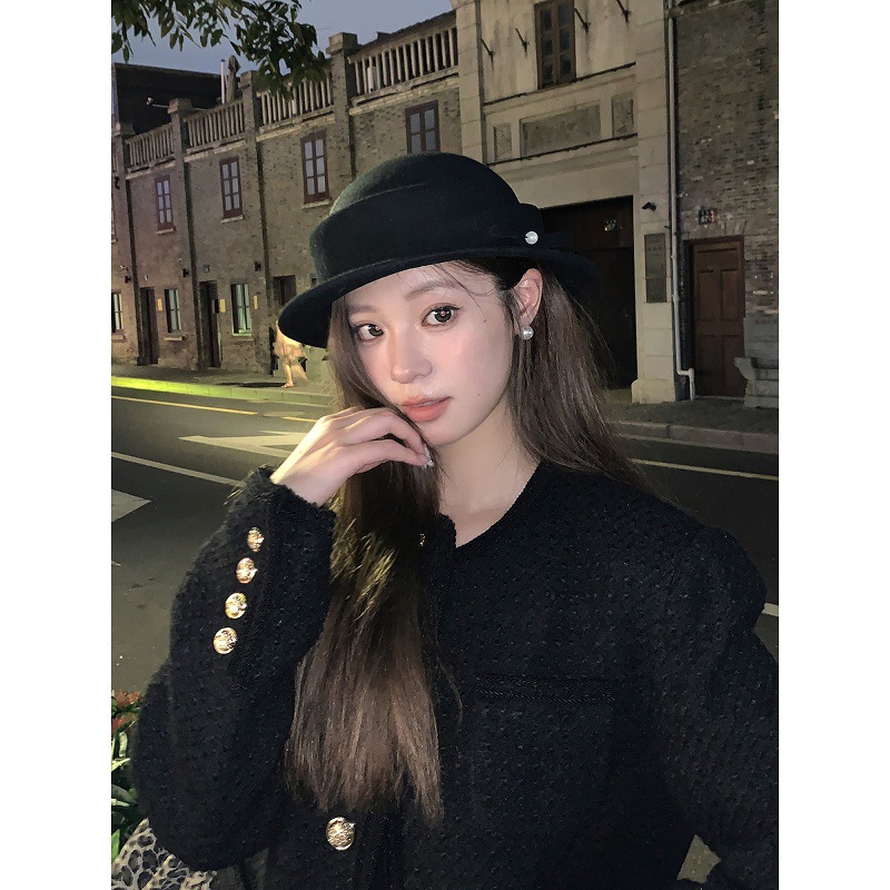 Damenhut aus Wolle mit Perlenschleife, Herbst- und Winter-Socialite-Mode, hochwertiger Fischerhut_voghion.com