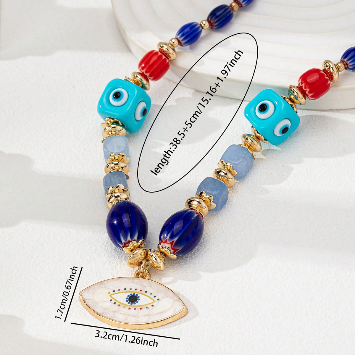 glass, Zinc alloy Material Devil's Eye Pattern IG Style Retro Devil's Eye Glass Zinc Alloy Beaded Chain Lobster Trigger Clasp Closure Beaded Necklaces Wholesale