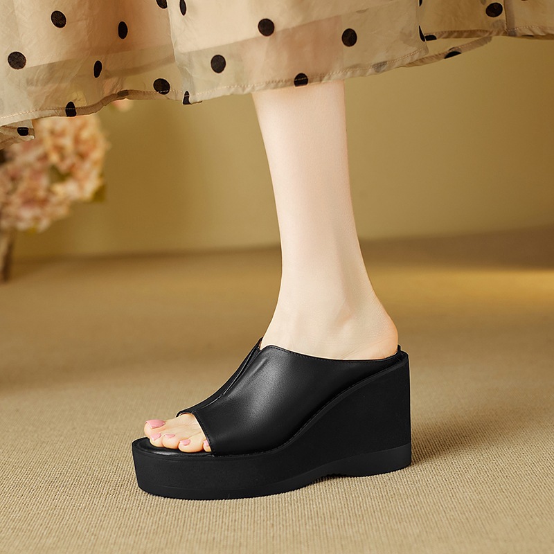 Dép sandal cao gót nữ mũi cá, đế xuồng dày, quai ngang, gót 8 cm — đen