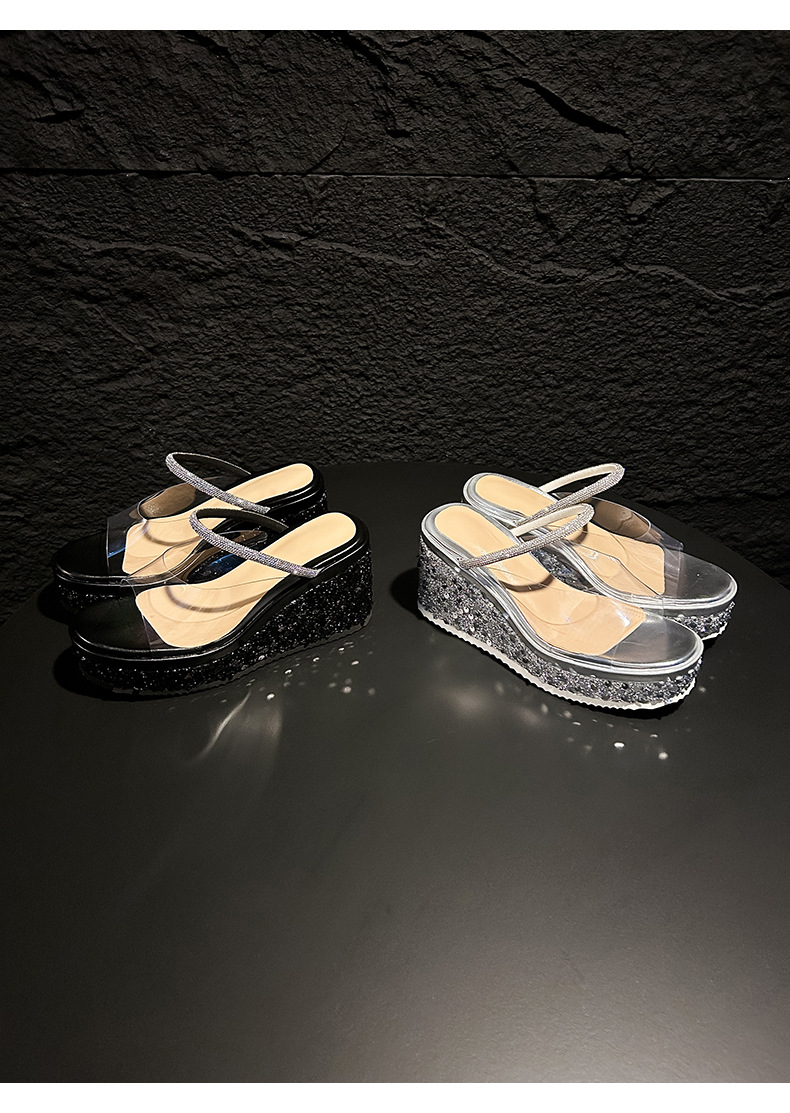 Sandal cao gót nữ hở mũi đế xuồng gót 10 cm phối sequin lấp lánh — màu đen, bạc chi tiết 15