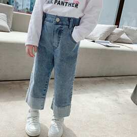 女童洋气牛仔裤2026春秋装新款韩版儿童网红阔腿裤宝宝休闲长裤子