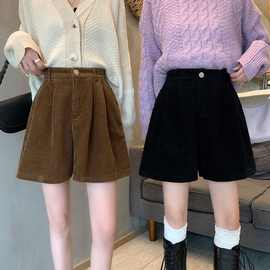 2022秋冬季大码胖mm灯芯绒短裤女高腰外穿A字阔脚裤黑色休闲靴裤