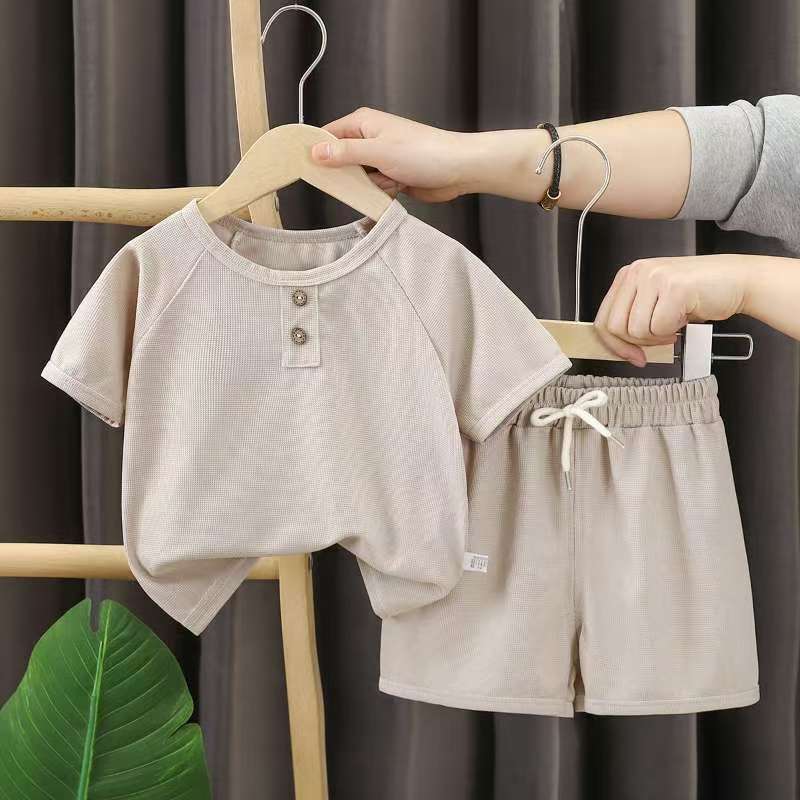 Set de mangas cortas para niños verano nuevos pantalones cortos para niños coreanos Waffle Baby verano ropa infantil al por mayor image 8