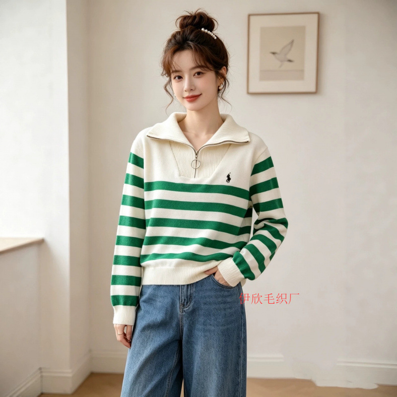 New autumn and winter design Korean-style women's fashionable zip-up collar navy striped knit top
