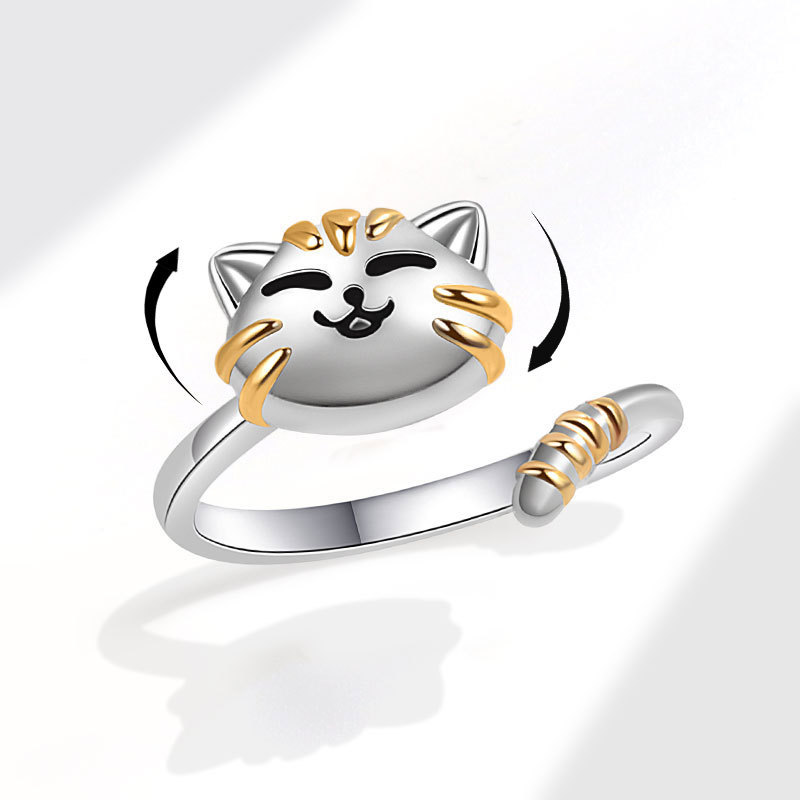 Cross-Border Hot-Selling Cute Cat Rotating Ring, Animal Cat Stress-Relief Adjustable Ring, Trendy Jewelry Wholesale