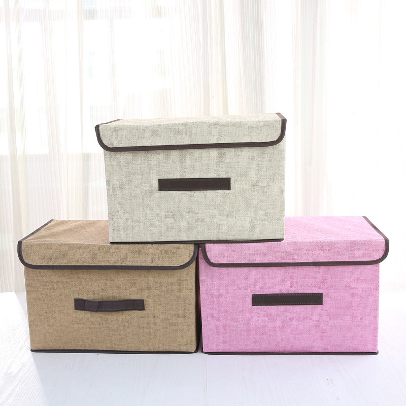 杂物收纳箱两件套带盖防尘储物箱可折叠衣物麻棉多用内衣收纳盒