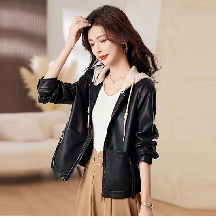Detachable Knitted Hooded Leather Jacket Women's Short Trendy 2024 New Explosive Fashionable Elegant Haining Leather Jacket