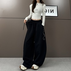 亚马逊跨境女装新重工刺绣千禧玫瑰时尚气质宽松显瘦休闲阔腿裤